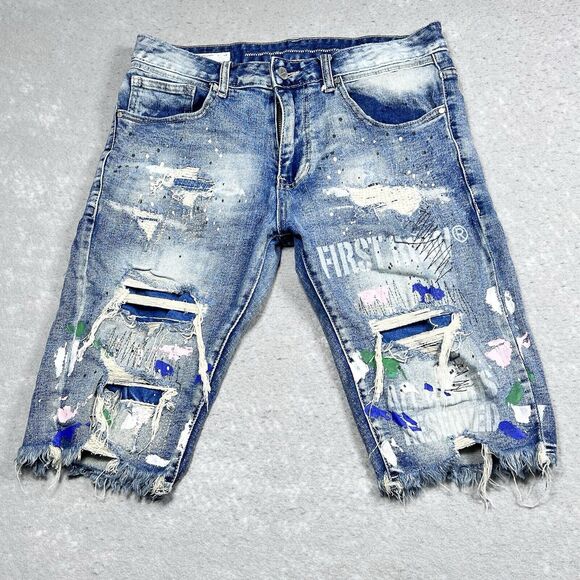 First Row Jean Shorts All Rights Reserved Distressed Blue Denim